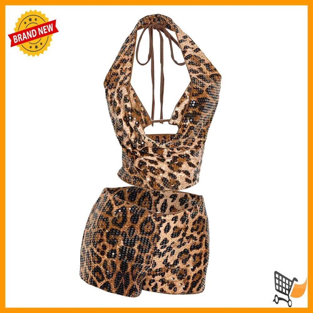 Sequin Halter Crop Top Draped Cowl Neck Leopard Print Glitter Party Club Wear